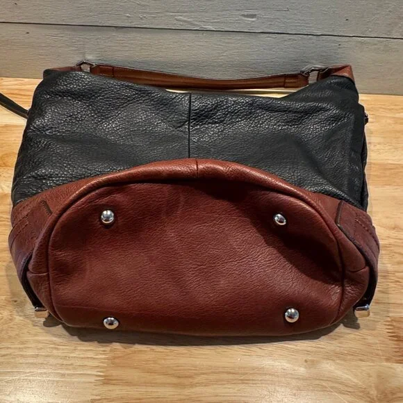 B. Makowsky Mahogany Brown & Black Pebble Leather Shoulder Bag Purse & Dust Bag - Picture 5 of 12